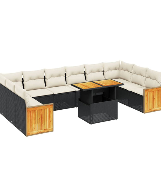 11-tlg. Garten-Sofagarnitur mit Kissen Schwarz Poly Rattan