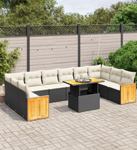 11-tlg. Garten-Sofagarnitur mit Kissen Schwarz Poly Rattan