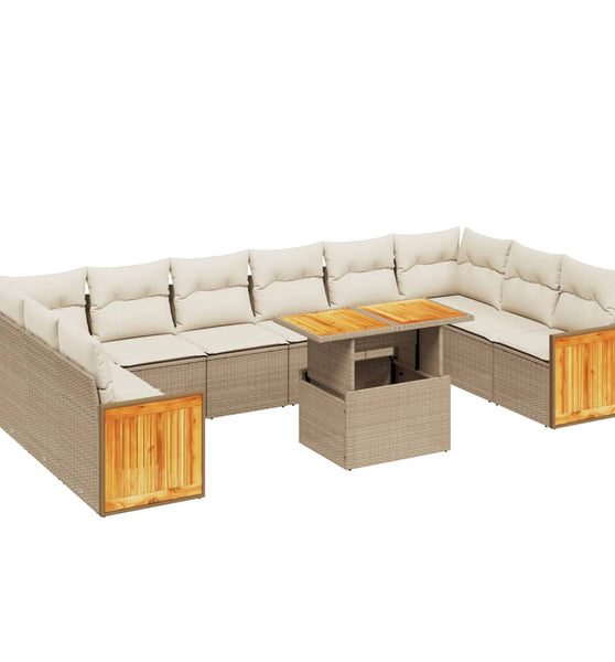 11-tlg. Garten-Sofagarnitur mit Kissen Beige Poly Rattan