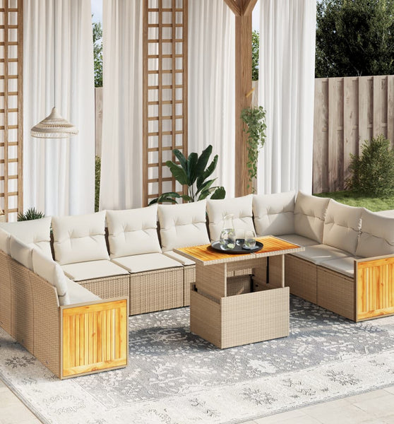 11-tlg. Garten-Sofagarnitur mit Kissen Beige Poly Rattan