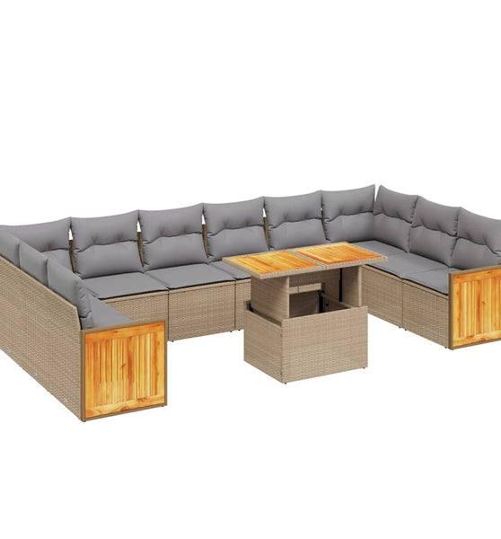 11-tlg. Garten-Sofagarnitur mit Kissen Beige Poly Rattan