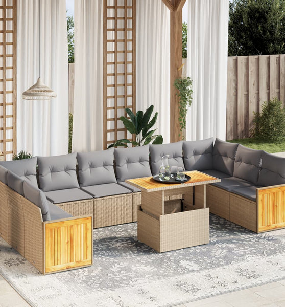 11-tlg. Garten-Sofagarnitur mit Kissen Beige Poly Rattan
