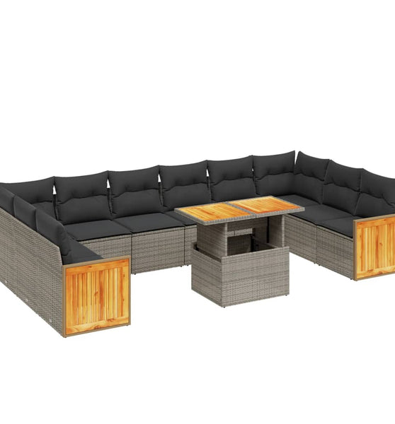 11-tlg. Garten-Sofagarnitur mit Kissen Grau Poly Rattan