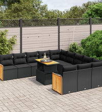 11-tlg. Garten-Sofagarnitur mit Kissen Schwarz Poly Rattan