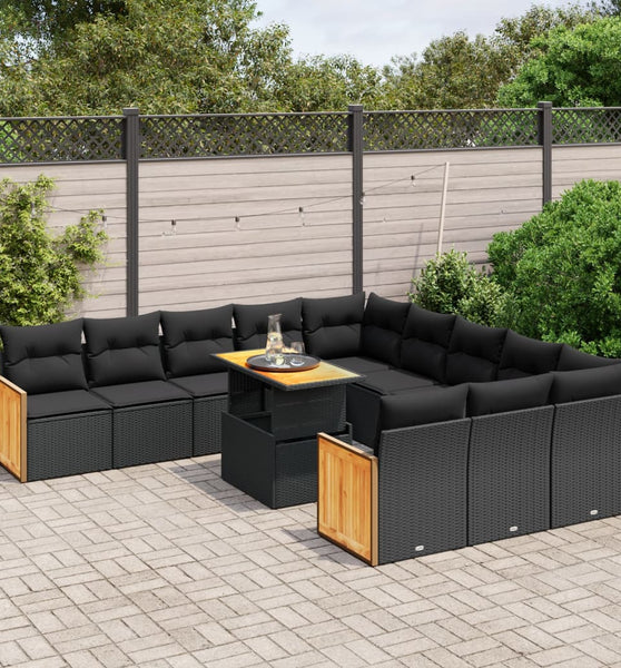 11-tlg. Garten-Sofagarnitur mit Kissen Schwarz Poly Rattan