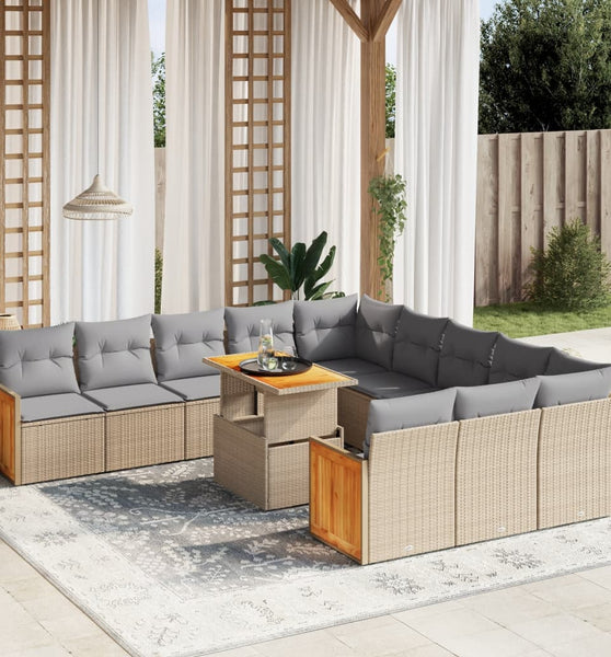 11-tlg. Garten-Sofagarnitur mit Kissen Beige Poly Rattan