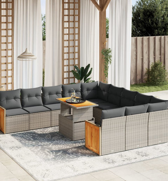11-tlg. Garten-Sofagarnitur mit Kissen Grau Poly Rattan