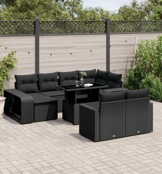 11-tlg. Garten-Sofagarnitur mit Kissen Schwarz Poly Rattan