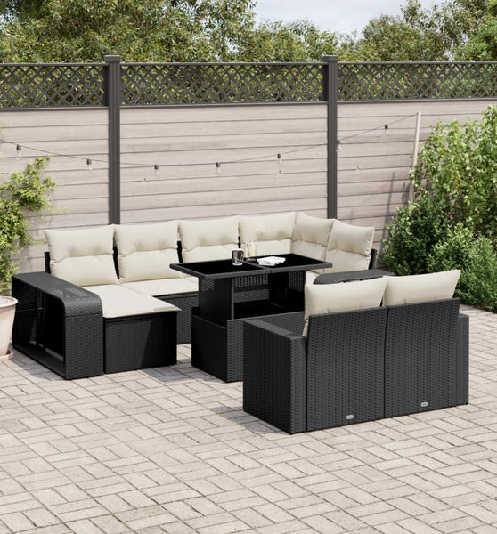 11-tlg. Garten-Sofagarnitur mit Kissen Schwarz Poly Rattan