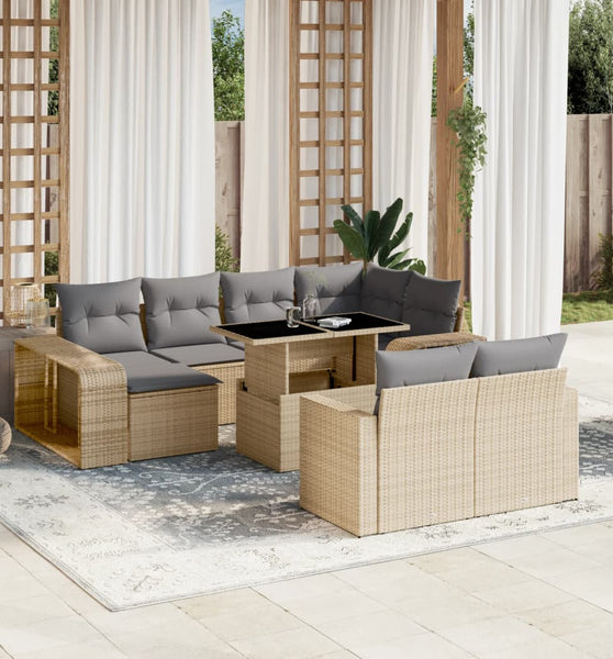 11-tlg. Garten-Sofagarnitur mit Kissen Beige Poly Rattan