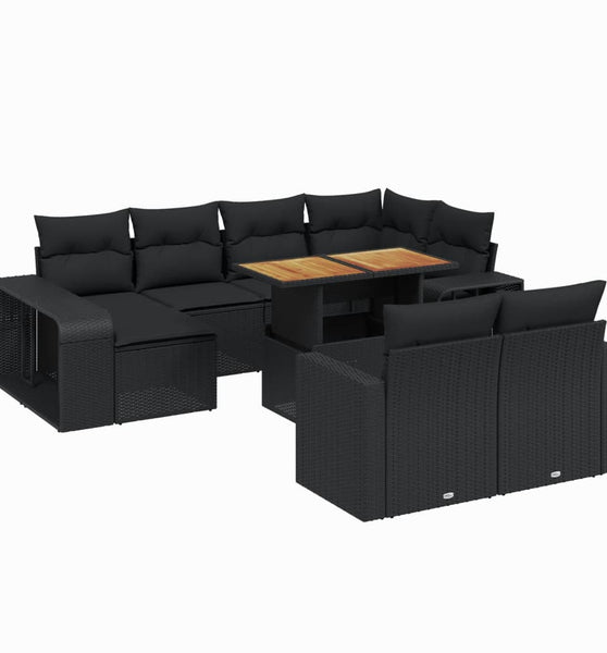 11-tlg. Garten-Sofagarnitur mit Kissen Schwarz Poly Rattan