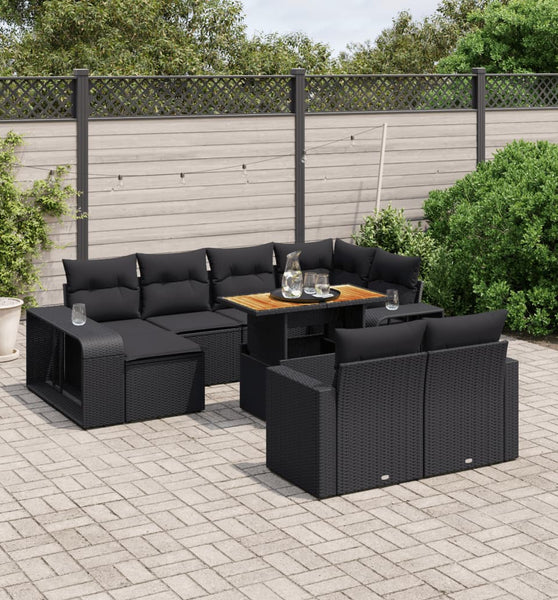 11-tlg. Garten-Sofagarnitur mit Kissen Schwarz Poly Rattan