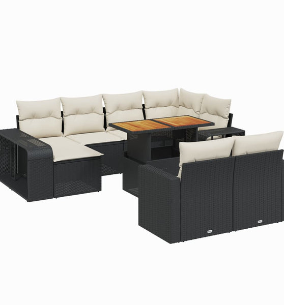 11-tlg. Garten-Sofagarnitur mit Kissen Schwarz Poly Rattan