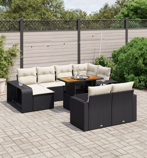 11-tlg. Garten-Sofagarnitur mit Kissen Schwarz Poly Rattan