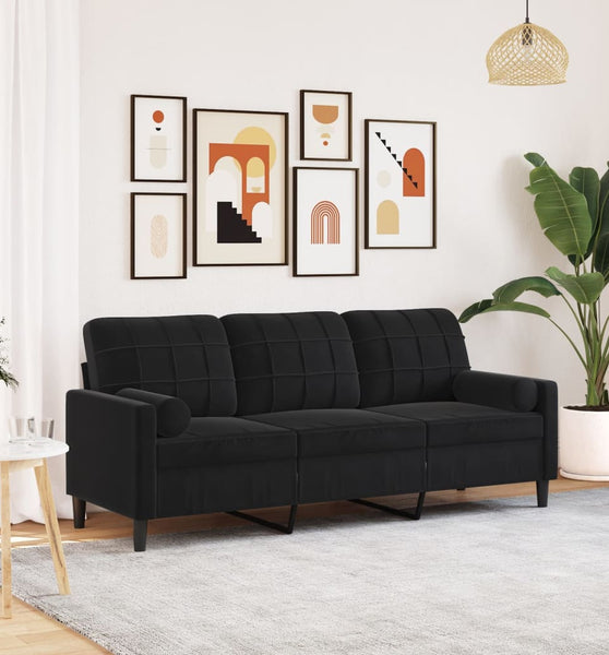 3-Sitzer-Sofa mit Zierkissen Schwarz 180 cm Samt