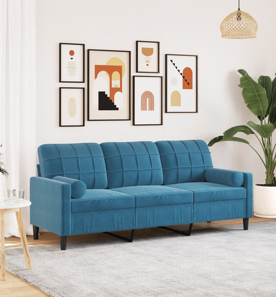 3-Sitzer-Sofa mit Zierkissen Blau 180 cm Samt