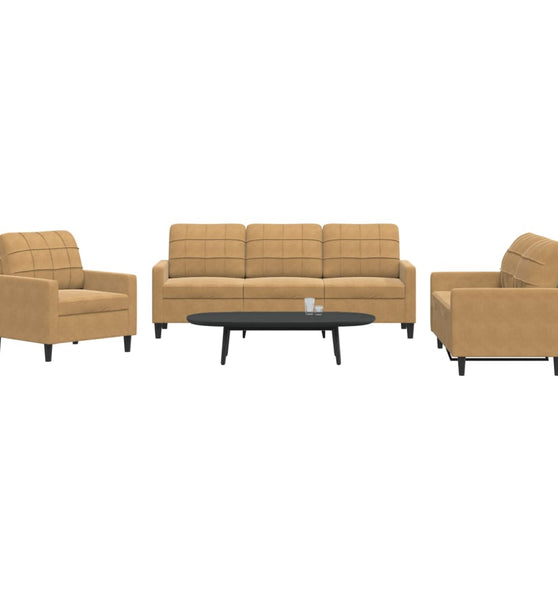 3-tlg. Sofagarnitur mit Kissen Braun Samt