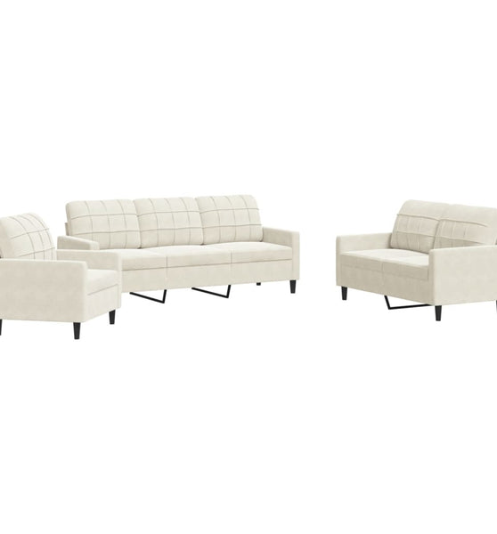 3-tlg. Sofagarnitur mit Kissen Creme Samt