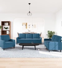 3-tlg. Sofagarnitur mit Kissen Blau Samt