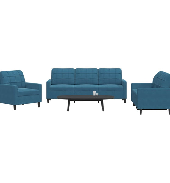3-tlg. Sofagarnitur mit Kissen Blau Samt