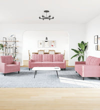 3-tlg. Sofagarnitur mit Kissen und Nackenrollen Rosa Samt