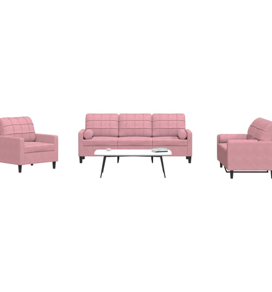 3-tlg. Sofagarnitur mit Kissen und Nackenrollen Rosa Samt