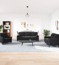 3-tlg. Sofagarnitur mit Kissen und Nackenrollen Schwarz Samt