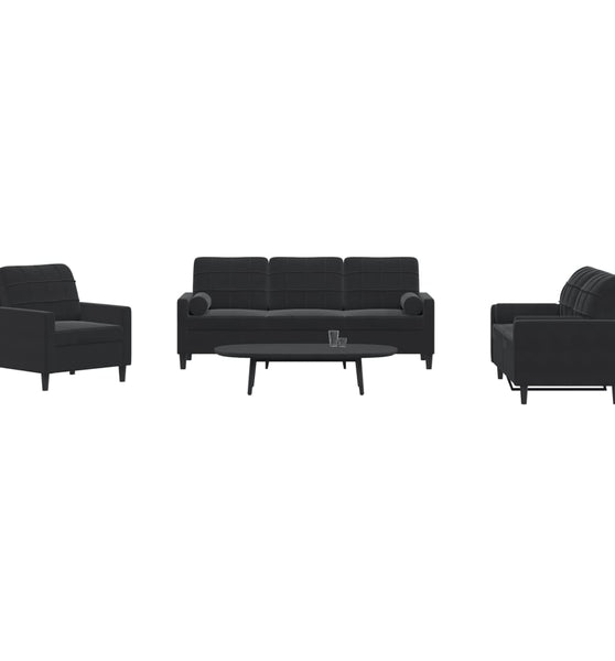3-tlg. Sofagarnitur mit Kissen und Nackenrollen Schwarz Samt