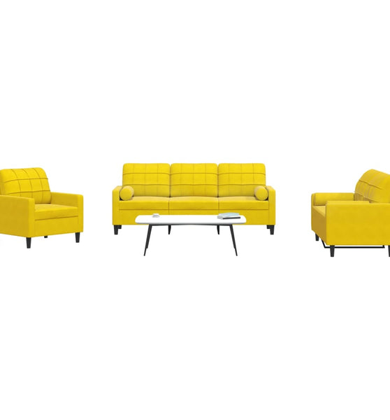 3-tlg. Sofagarnitur mit Kissen und Nackenrollen Gelb Samt