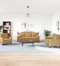 3-tlg. Sofagarnitur mit Kissen und Nackenrollen Braun Samt