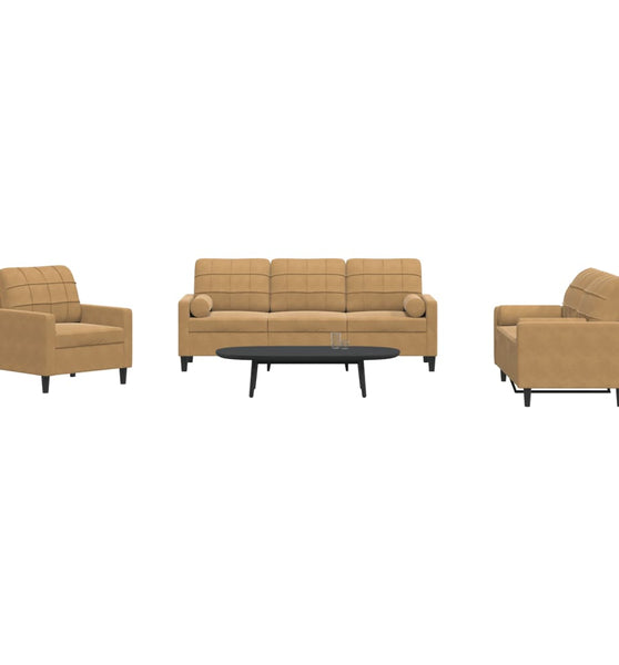 3-tlg. Sofagarnitur mit Kissen und Nackenrollen Braun Samt