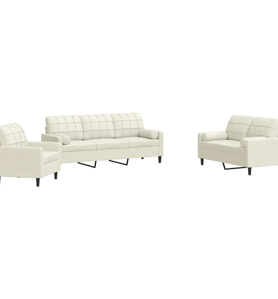 3-tlg. Sofagarnitur mit Kissen und Nackenrollen Creme Samt