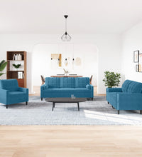 3-tlg. Sofagarnitur mit Kissen und Nackenrollen Blau Samt