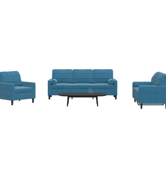 3-tlg. Sofagarnitur mit Kissen und Nackenrollen Blau Samt