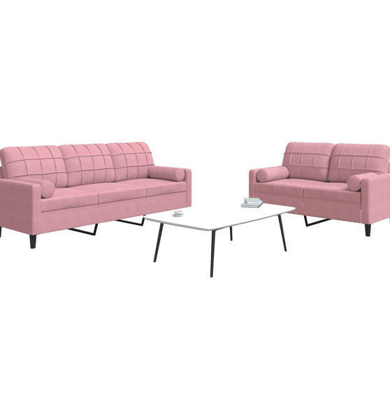 2-tlg. Sofagarnitur mit Kissen und Nackenrollen Rosa Samt