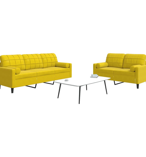 2-tlg. Sofagarnitur mit Kissen und Nackenrollen Gelb Samt