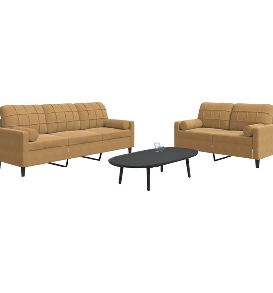 2-tlg. Sofagarnitur mit Kissen und Nackenrollen Braun Samt