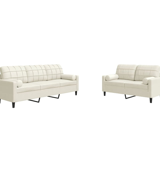 2-tlg. Sofagarnitur mit Kissen und Nackenrollen Creme Samt