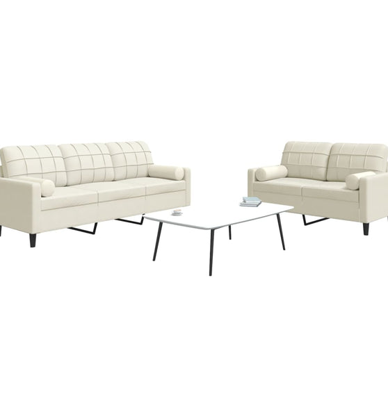 2-tlg. Sofagarnitur mit Kissen und Nackenrollen Creme Samt