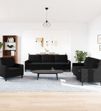 3-tlg. Sofagarnitur mit Kissen Schwarz Samt