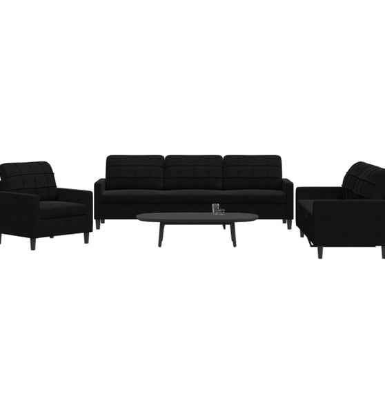 3-tlg. Sofagarnitur mit Kissen Schwarz Samt