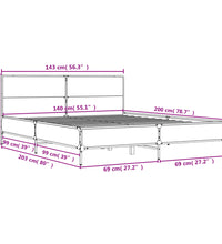 Bettgestell Grau Sonoma 140x200 cm Holzwerkstoff und Metall