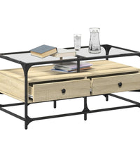 Couchtisch mit Glasplatte Sonoma-Eiche 98,5x50x45 cm Stahl