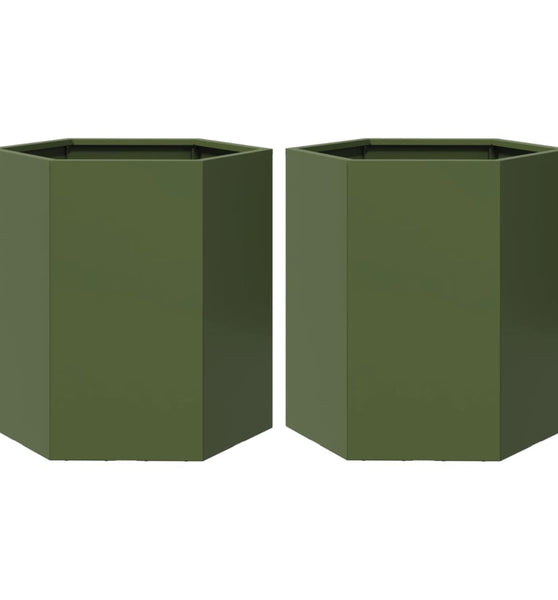 Garten-Pflanzgefäße 2 Stk.Olivgrün Sechseckig 46x40x45 cm Stahl