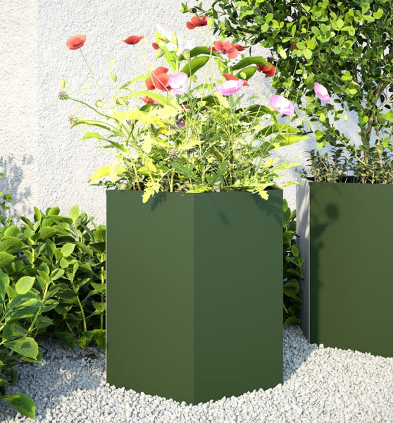 Garten-Pflanzgefäße 2 Stk.Olivgrün Sechseckig 46x40x45 cm Stahl