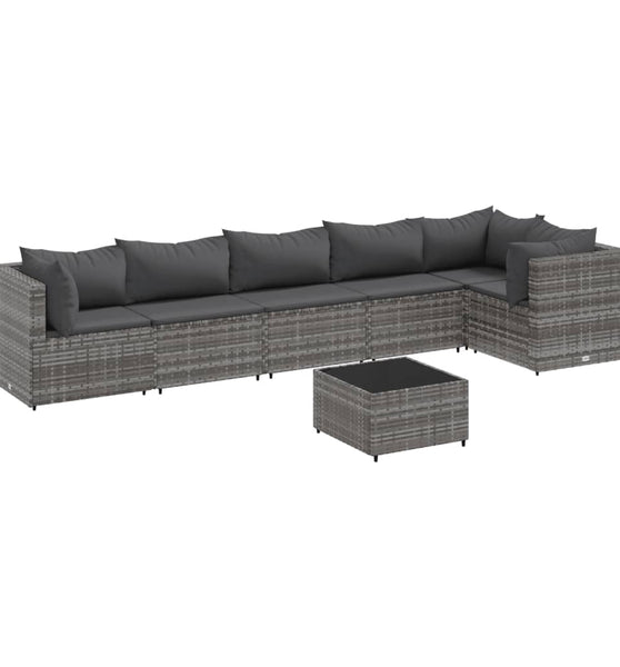7-tlg. Garten-Lounge-Set mit Kissen Grau Poly Rattan