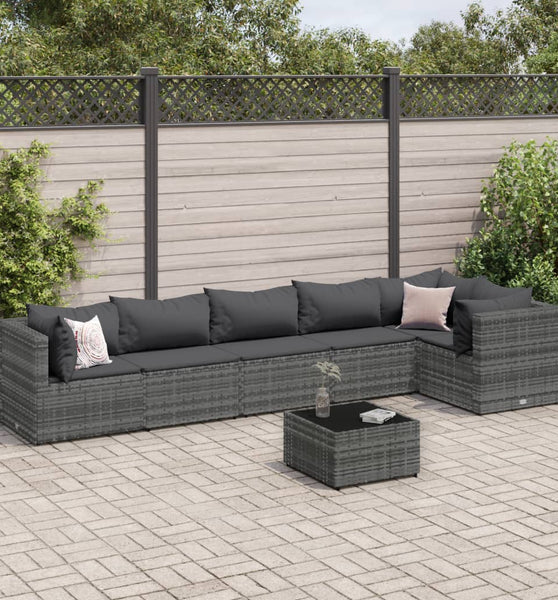 7-tlg. Garten-Lounge-Set mit Kissen Grau Poly Rattan