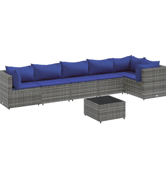 7-tlg. Garten-Lounge-Set mit Kissen Grau Poly Rattan