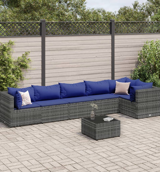7-tlg. Garten-Lounge-Set mit Kissen Grau Poly Rattan
