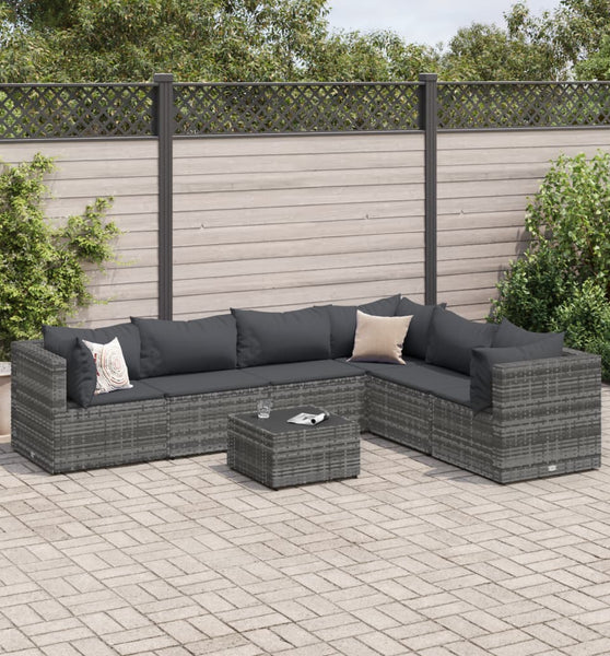 7-tlg. Garten-Lounge-Set mit Kissen Grau Poly Rattan